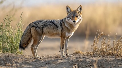 Coyote standing alert in desert grassland at dawn.
