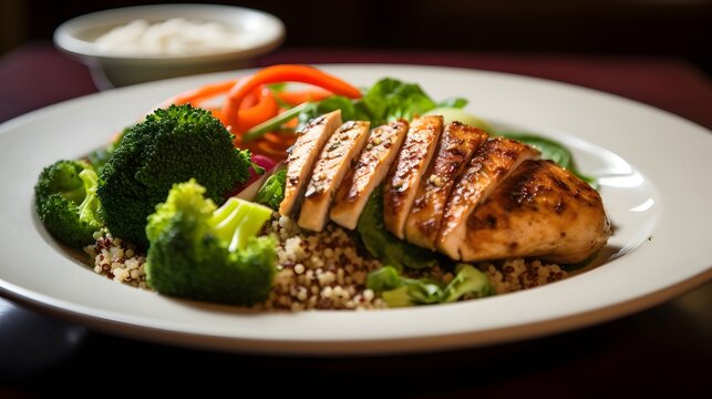 Grilled chicken breast served with fluffy quinoa and a medley of steamed vegetables creating a nutritious balanced and appetizing meal that promotes wellness and vitality