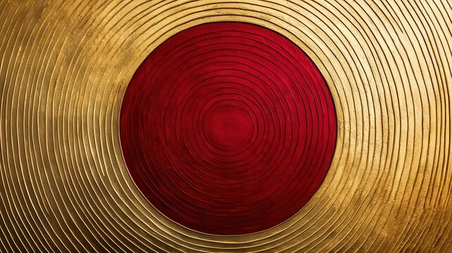 A vibrant red circle sits against a textured gold background, creating a striking contrast and an elegant, minimalist design.