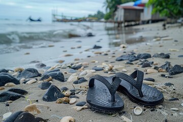 Kendari  Indonesia   February 20  2024   black flip flops on the beach