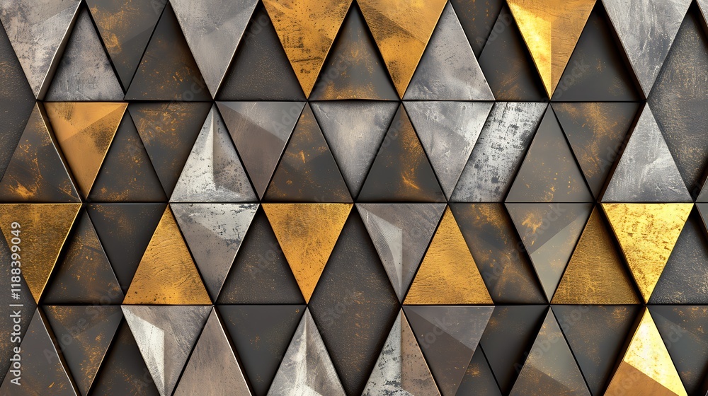 Poster a sophisticated geometric design with a repeating pattern of diamonds and triangles in shades of gol