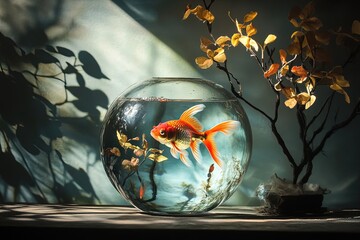 A metaphorical representation of ambition with a goldfish escaping its confined bowl for a brighter future.