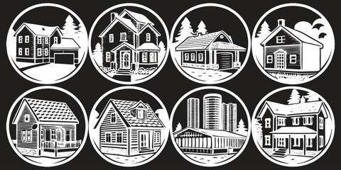 Detailed circular designs of suburban homes in monochrome