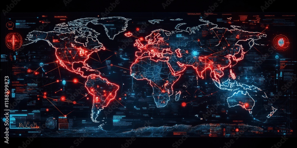 Poster global cyber security threat analysis worldwide. interactive map visualizes tech network data flow. 