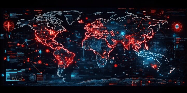 Global cyber security threat analysis worldwide. Interactive map visualizes tech network data flow. Red, blue highlights potential cyber attacks, data breach locations. Real-time digital environment