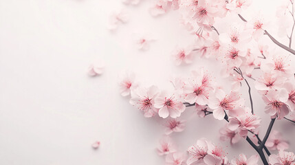 斜めに流れる桜の花びら、白背景