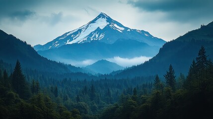 Fototapeta premium Snow-capped mountain peak above misty forested valley at dusk.