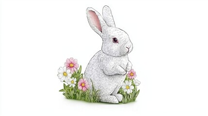 Obraz premium Adorable White Bunny Rabbit Sitting Amidst Spring Flowers Easter Illustration