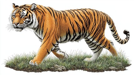 Naklejka premium Majestic Siberian Tiger Walking Through Grassland Wild Cat in Nature Detailed Illustration