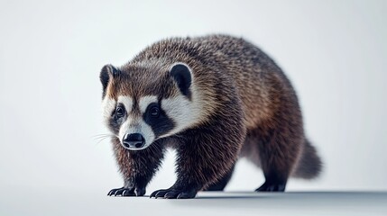 Honey badger portrait, studio shot, white background, wildlife.