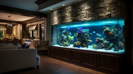 Sleek and Sophisticated Wall Integrated Aquarium with Energy Efficient LED Lighting Creating a Stunning Focal Point and Mesmerizing Ambiance in Modern Home Interiors