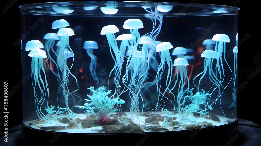Poster enchanting underwater jellyfish aquarium with soft blue illumination creating a mesmerizing and sere