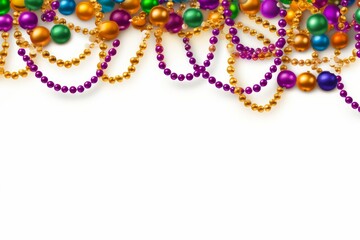 Festive mardi gras beads in traditional colors create a vibrant border on a white background, perfect for celebratory designs