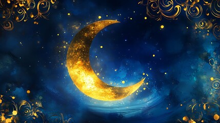 Golden Crescent Moon in a Night Sky