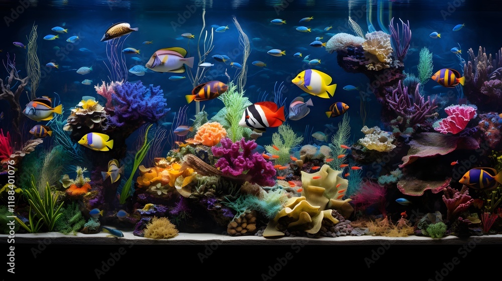 Poster mesmerizing underwater scene featuring an aquarium filled with a diverse array of rare and exotic fi