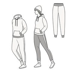 Stylized drawings of hooded sweatshirts and jogger pants, perfect for comfortable and casual fashion themes for winter or sports