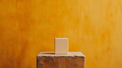 Minimalist display of square object on textured pedestal against yellow wall