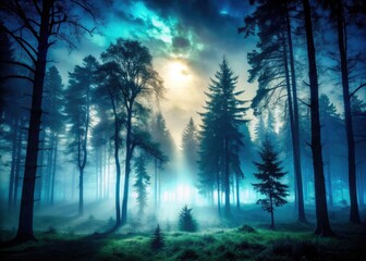 Spooky forest silhouettes loom, shrouded in toxic fog, a mystical, unsettling scene.