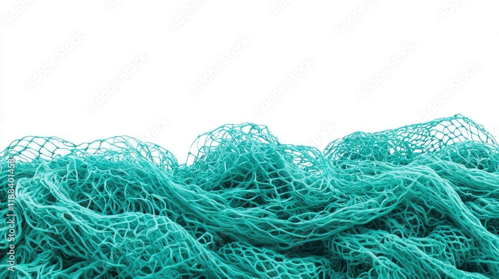 Poster a vibrant turquoise netting material with a soft, wavy texture, set against a white background, crea