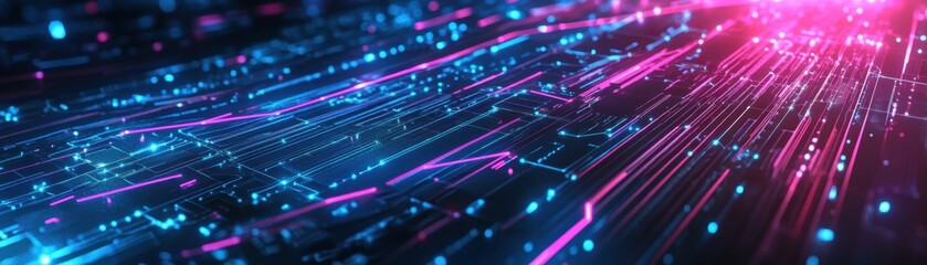 Fototapeta premium Futuristic high-tech environment with neon pink and blue lines on glossy black surfaces, symbolizing a dynamic data network in motion, ideal for advanced technology and connectivity themes.