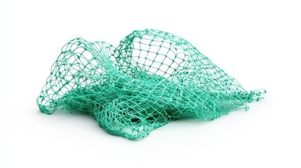 A tangled green net resting on a white surface, showcasing a mesh texture and bright color.