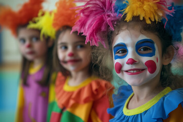 Fototapeta premium A group of children in colorful clown costumes, with painted faces and feathers on their heads. They stand side by side against the background of an indoor playground or classroom