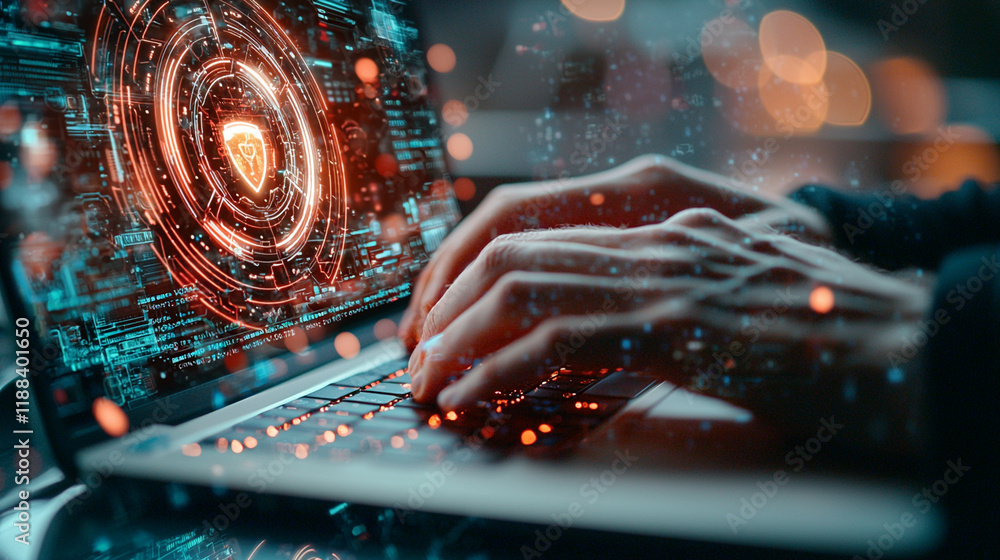 Poster close-up on ai-generated security hands typing in a futuristic digital environment