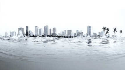 Obraz premium A panoramic view of a city skyline partially submerged in water, blending urban architecture with an aquatic environment.