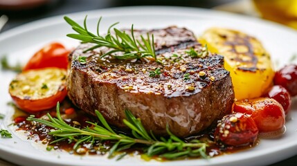 Grilled Beef Steak with Fresh Herbs and Colorful Vegetables