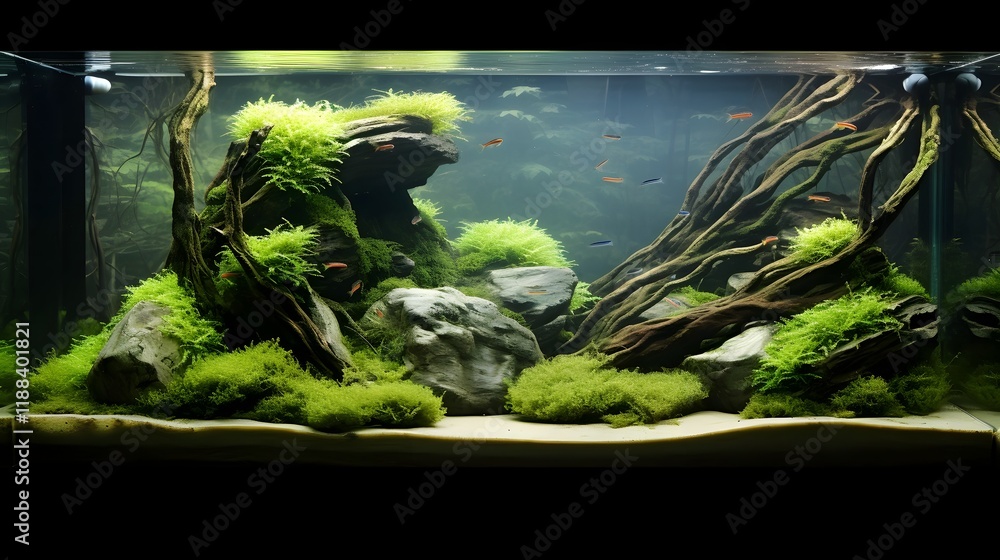 Poster serene and tranquil aquascape scene with lush underwater vegetation soft lighting and a peaceful cal