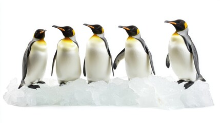 Fototapeta premium Five penguins stand on an ice formation, showcasing their distinctive black and white plumage and bright yellow accents.