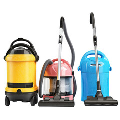 Three colorful vacuum cleaners on a transparent background