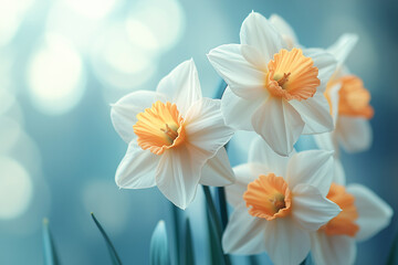 Fototapeta premium White daffodils with orange centers against a soft blue background