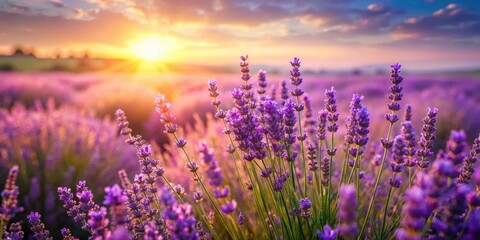 Naklejka premium Stunning purple floral landscapes: capture the serenity of a lavender field under the summer sun.