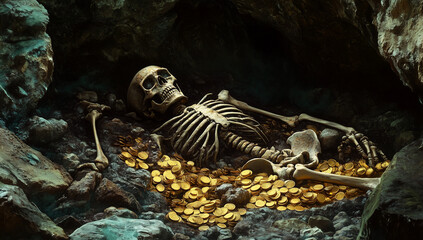 A skeleton lies in an ancient tomb, surrounded by gold coins and treasure. The scene is depicted in a fantasy style, set in the medieval period, and created using Unreal Engine 5.