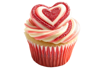 Chocolate cupcake with heart shaped design, pink and white frosting, glitter sprinkles isolated on white transparent background. Concept of love and Valentine's Day desserts