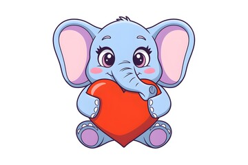 Fototapeta premium Adorable Blue Cartoon Baby Elephant Holding Red Heart - Love and Affection Illustration.