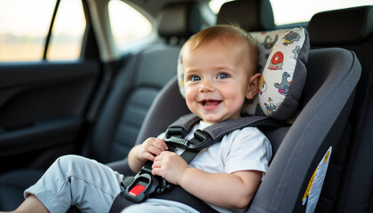 Happy baby in car seat smiling inside vehicle