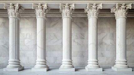 Obraz premium Ancient Roman marble columns line classical building. Ornate capitals, bases adorn pillars. Classic style, grand design create sense of stability, history. Image evokes concepts of civilization,