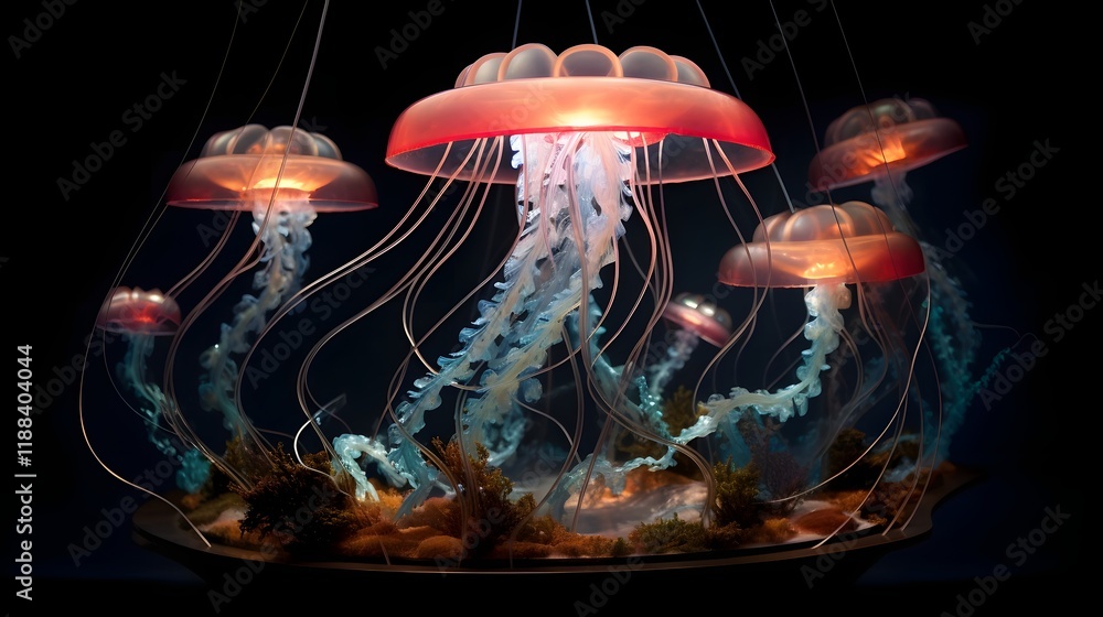 Poster a unique and mesmerizing jellyfish aquarium with soft diffused lighting that creates a tranquil and 