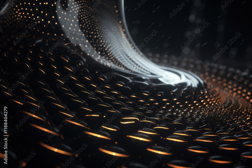 Poster an abstract futuristic object with a wave-like surface covered with many shiny black spherical eleme