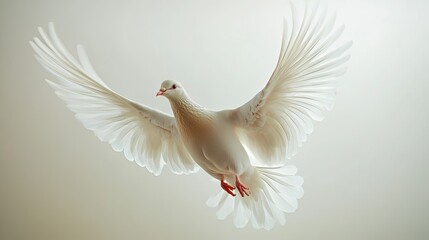 Fototapeta premium White dove in flight, peaceful sky, hope symbol, spiritual image, for peace concepts.