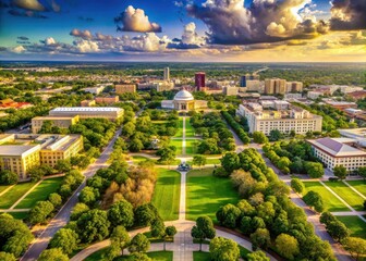 Texas A&M College Station:  A high-definition aerial showcases detailed architecture nestled within lush, green surroundings.