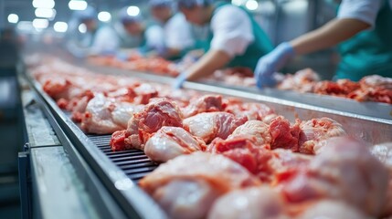 Poultry processing plant features modern conveyor belts and equipment that showcase the efficiency and precision of the meat production line, emphasizing quality control and safe processing methods.