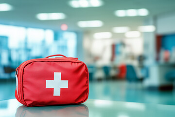 A first aid kit on a table with a blurred hospital background. A white cross symbol in a red bag for emergency care, a medical and health concept.