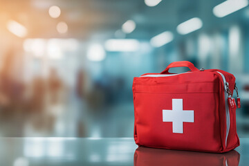 A first aid kit on a table with a blurred hospital background. A white cross symbol in a red bag for emergency care, a medical and health concept.