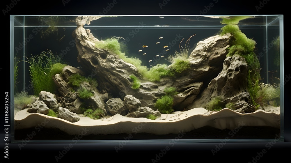 Poster captivating rectangular fish tank with diverse layers of sand rocks and lush aquatic plants creating