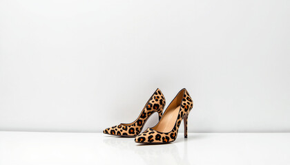 Leopard print high heels on white background