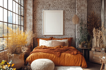Rustic Frame Mockup in Industrial Bedroom with Warm Autumn Tones