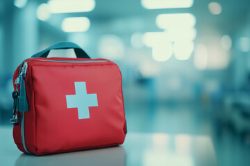 A first aid kit on a table with a blurred hospital background. A white cross symbol in a red bag for emergency care, a medical and health concept.